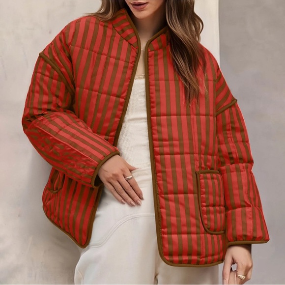 Jackets & Blazers - Boutique | Striped Red and Brown Oversized Women's Jacket Medium